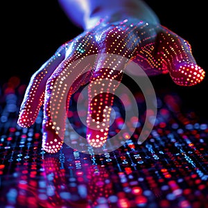 Programmer hand touching digital binary code interface