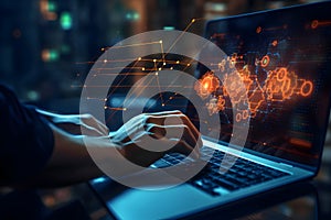 Programmer hand using laptop analyzing data on futuristic virtual interface. write code. Algorithm.