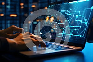 Programmer hand using laptop analyzing data on futuristic virtual interface.
