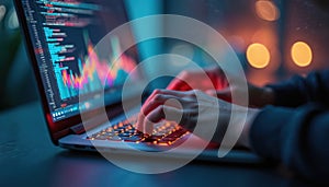 Programmer hands coding on laptop at night. Developer hacker works, using computer. Digital data, binary code on screen.