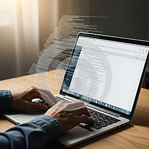 Programmer hands typing code on laptop with abstract data stream