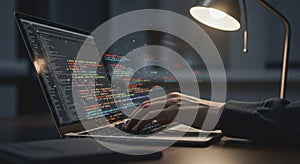 Programmer Hands Typing on Laptop with Code Display in Dark Office Environment