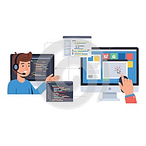 Programmer with Headphones Working on Code Displayed on Multiple Screens