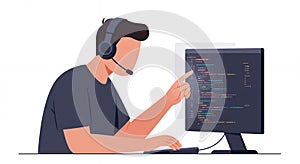 Programmer in Headset Coding on Computer Screen