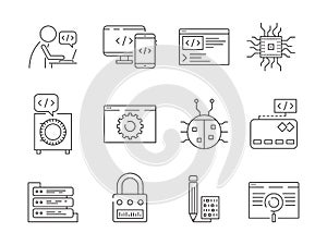 Programmer icon. Coder web dev worker bug fixes nodes qa system testing engineering vector thin line symbols