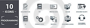 Programmer icon set. Contain filled flat development plan, programming learning, js, laptop coding, responsive, program