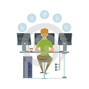 Programmer, information technology worker vector illustration. Programming icons and software developer isolated on