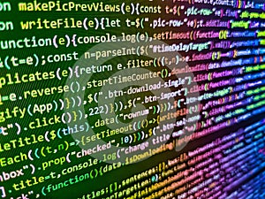 Programmer inspecting his code on computer screen Real software development code, Data optimization, React HTML, native concept