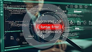 Programmer Inspecting Syntax Error in Code with Magnifying Glass