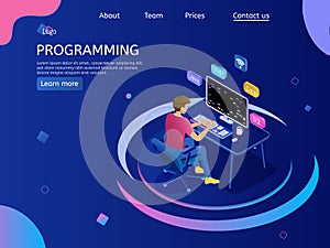 Programmer isometric character. Programming concept, web engineer at work.