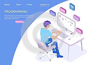 Programmer isometric character. Programming concept, web engineer at work.