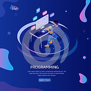 Programmer isometric character. Programming concept, web engineer at work.