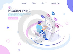 Programmer isometric character. Programming concept, web engineer at work.