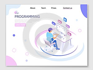 Programmer isometric character. Programming concept, web engineer at work.