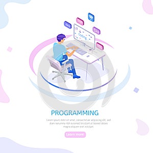 Programmer isometric character. Programming concept, web engineer at work.
