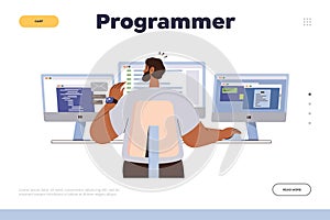 Programmer landing page template man writing software code working on computers at workplace