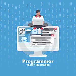 Programmer with laptop working on program. Software concept.