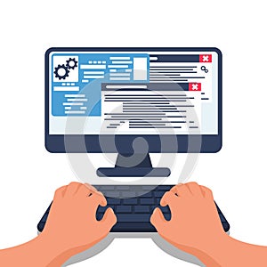 Programmer with laptop working on program. Software concept.