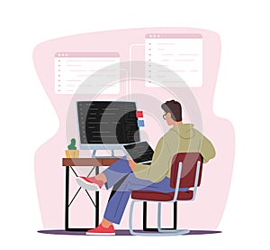 Programmer Male Character Working on Computer and Tablet Pc Coding, Creating New Website, Software or Application