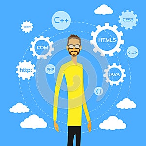 Programmer Man Computer Geek Coder Flat Vector