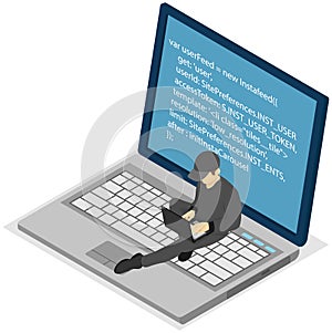 Programmer man works with laptop, creates program code. IT specialist is engaged in programming