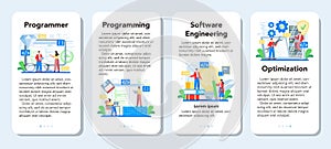 Programmer mobile application banner set. Idea of coding, testing