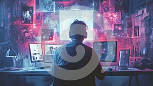 Programmer at multiple screens in a cyberpunk tech workspace