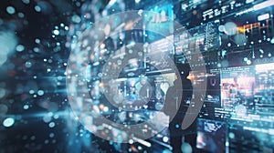 Programmer navigating futuristic interface of data analysis and information processing