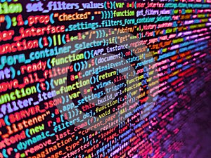 Programmer occupation. Binary computer code background, abstract. Hi-tech modern screen of data, digits and chars on monitor