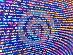 Programmer occupation. Digital technology on display. Programming code typing. Developer software programming code. Big data