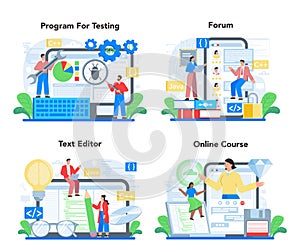 Programmer online service or platform set. Coding, testing and writing program.