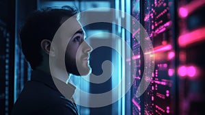 Programmer at a privacy data leak analysis screen in a big data server room