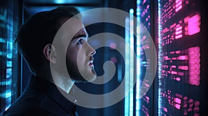Programmer at a privacy data leak analysis screen in a big data server room