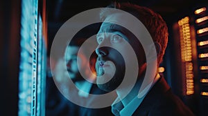 Programmer at a privacy data leak analysis screen in a big data server room