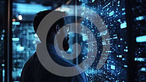 Programmer at a privacy data leak analysis screen in a big data server room