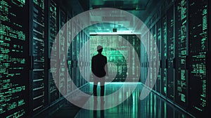 Programmer at a privacy data leak analysis screen in a big data server room