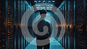 Programmer at a privacy data leak analysis screen in a big data server room