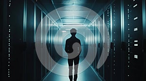 Programmer at a privacy data leak analysis screen in a big data server room