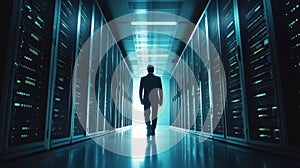 Programmer at a privacy data leak analysis screen in a big data server room