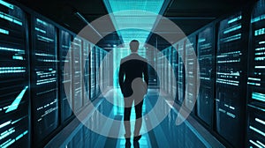 Programmer at a privacy data leak analysis screen in a big data server room