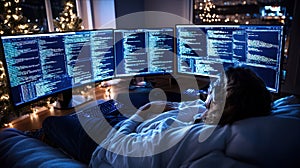 A programmer relaxes in a dark room, surrounded by multiple glowing screens displaying code, immersed in a high-tech photo