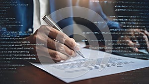 A programmer's hand writes on a document, with lines of code overlaid, suggesting a connection between