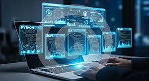 Programmer Working on Laptop with Futuristic Code and Data Visualizations