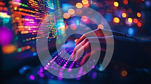 Programmer's Hands Typing Code on Laptop at Night with Neon Lights