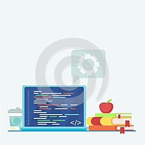 Programmer`s workplace. Writing code on a laptop.