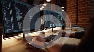 The programmer's workspace with dual monitors and coding environment..AI generated image