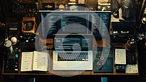 Programmer's workspace with multiple monitors and laptop displaying code