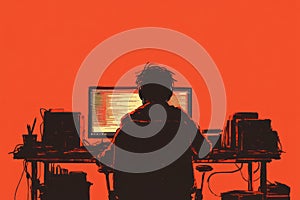 Programmer Silhouette at Desk on Solid Background