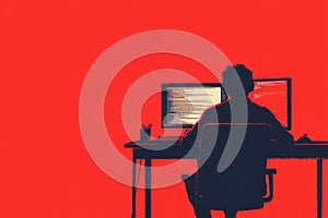 Programmer Silhouette at Desk on Solid Background
