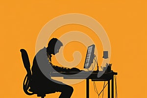 Programmer Silhouette at Desk on Solid Background